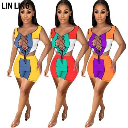 LINLING Summer 2 Piece Outfit for Women, Solid V Neck Cutout Crop Top and Bodycon Shorts Sexy Clubwear Jumpsuit Set