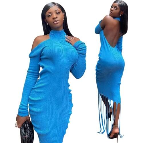 Sexy Backless Tassel Party Dress Women Knitted Night Clubwear Halter Off Shoulder Bodycon Long Dresses 2021 Autumn Streetwear