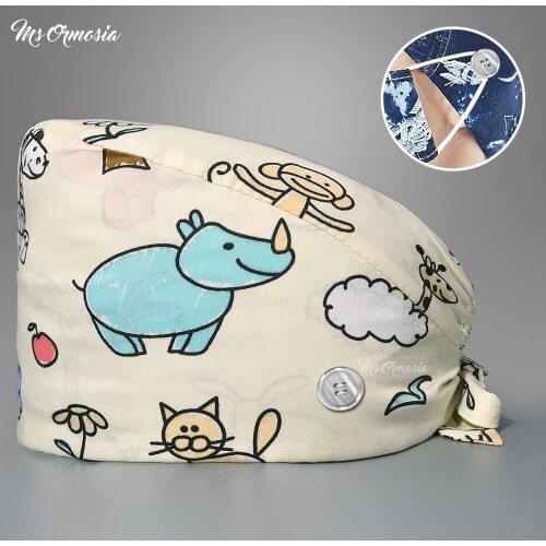 Printed Cotton nurse hat medical Doctor Nurse Scrub Cap operating room Scrub Cap beauty veterinary lab Pharmacy hat with button