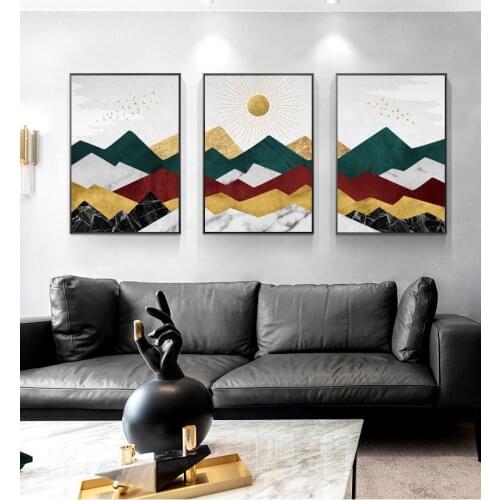 Nordic Abstract Geometric Mountain Landscape Wall Art Canvas Painting Golden Sun Art Poster Print Wall Picture for Living Room