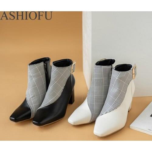ASHIOFU New Arrival Ladies Chunky Heel Boots Two-tones Buckle Strap Party Prom Ankle Boots Club Fashion Daily Wear Boots Shoes