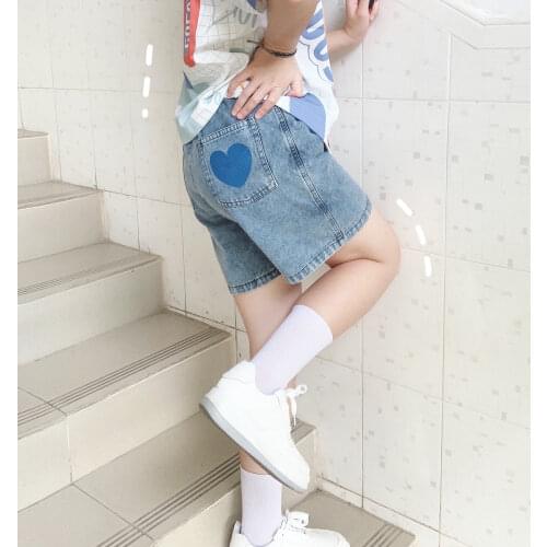 Blue Heart Love Embroidery High Waist Casual Women Denim Short 2021 Summer Korean Fashion Ladies Basic Jeans Bottoms