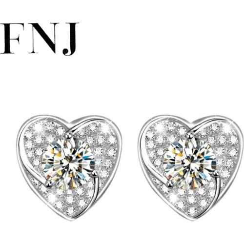 FNJ Romantic Heart Earrings 925 Silver Jewelry Original Pure S925 Sterling Silver Stud Earring for Women White Zircon