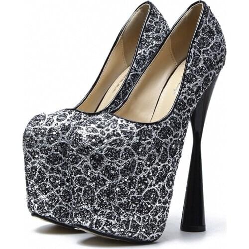 Women Pumps Heeled Shoes Sequined Cloth Slip On 19CM Hoof Heels High Heels Round Toe Rhinestone Party Wedding woman shoes