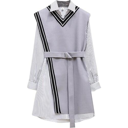 PERHAPS U Women Two Pieces Set Striped Shirt Dress Sash Office Lady Asymmetrical Elegant Turn Down Collar Mini Short D0902