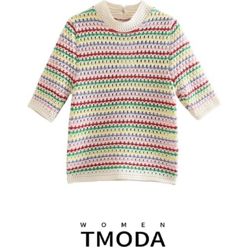 TMODA11 Za 2021 Women Summer Rainbow Striped Casual Jacquard Knitting Sweater Female Chic Short Sleeve Pullovers Hollow Tops