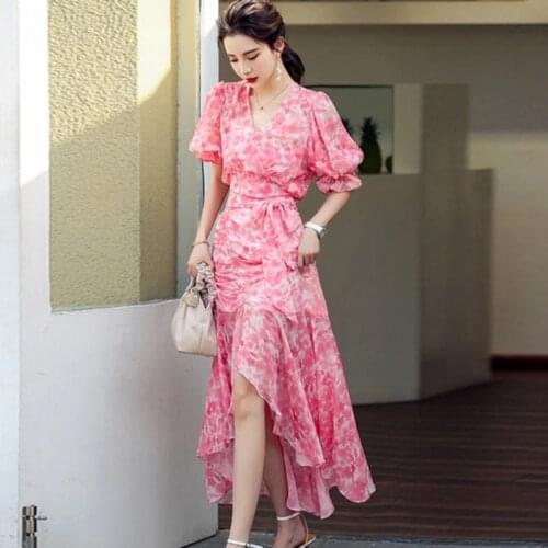 2021 Summer Vintage Women Floral Printed V-Neck Puff Sleeve Shirt Tops + High Waist Mermaid Skirt 2 Piece Set Vacation Suit