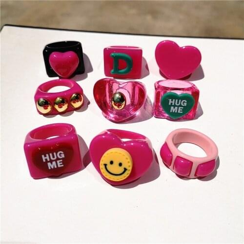 2021 Fashion Vintage Aesthetic Pink Transparent Love Smiley Letter Acrylic Resin Square Ring For Women Girls Summer Accessories