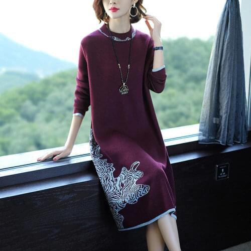 2021 New Spring Autumn Womens Knit Jacquard Dress Female Round Neck Long Sleeve Bottoming Loose Elegant Sweater Dresses Y501