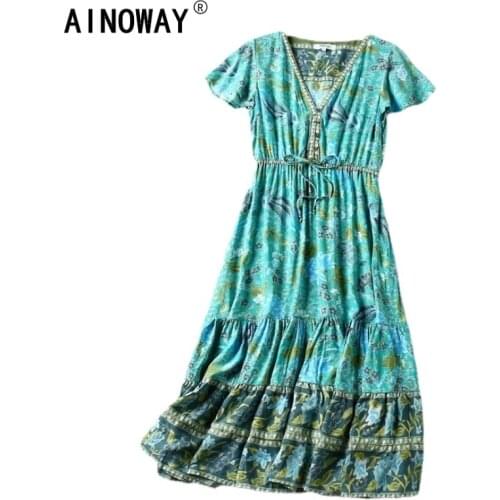 Vintage chic women floral print bat sleeve beach Bohemian maxi dresses Ladies V neck Tassel Summer rayon Boho dress vestidos