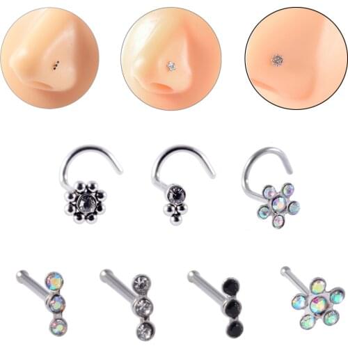 3PCS Surgical Steel Screw Nose Stud Piercing Clear Crystal Flower S Shape Nose Bone Studs Straight Ring Fashion Body Jewelry