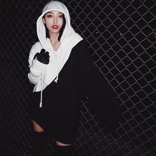 Irregular Black and White Color Contrast Loose Hoodies Harajuku Long Sleeve Oversized Hooded Long Pullovers Casual Sweatshirt