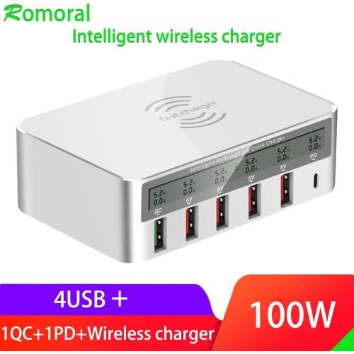 100W USB Charger QC3.0 PD Quick Charge Smart LCD Charger Fast Wireless Charger For iphone8 X Samsung Xiaomi