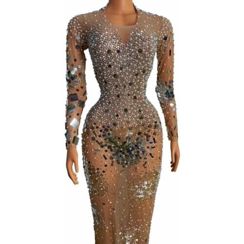 Sequined Mesh Elasticity Slit Long Dress Luxury Sexy Stage Performance Costume For Singer Host Models Women Party Wear