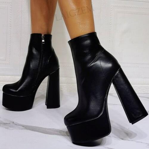 SEIIHEM Women Ankle Platform Boots Zip Up Block Thick High Heels Booties Faux Leather Zapatos Shoes Woman Large Size 41 42 44 47