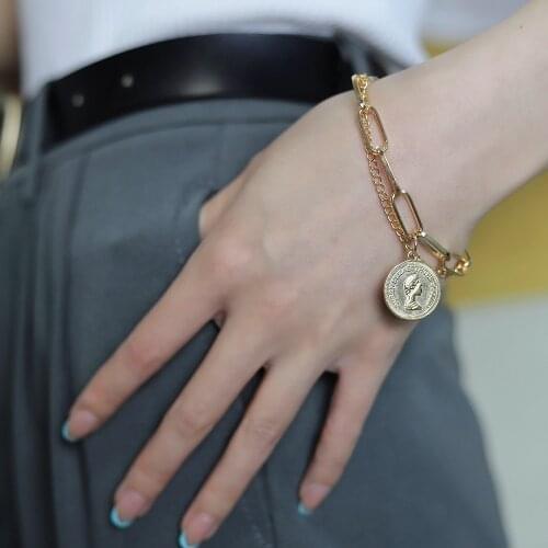 Punk Bracelets Carved Coin Head Bracelet Bangle Circle Queen Thick Chain Tassel Pendant Bracelet Women Metal Rock Jewelry