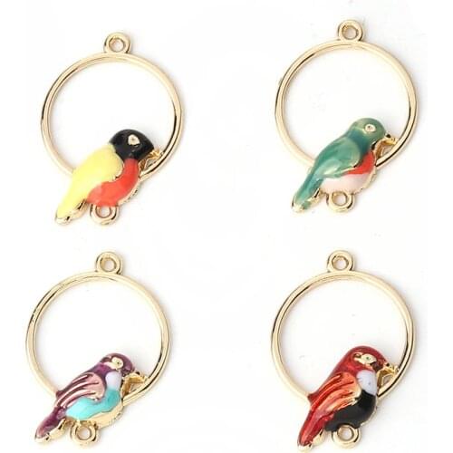 Doreenbeads Hot Fashion Zinc Based Alloy Connectors Round Gold Colorful Bird Enamel Jewelry DIY Findings 26mm x 18mm, 10 PCs