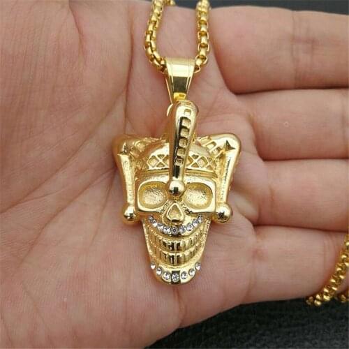 Hip Hop Clown Skull Pendants Necklaces For Men/Women Gold Color Stainless Steel Chain Rhinestone Necklace Male Jewelry Gift