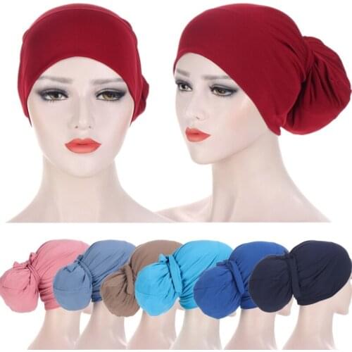 India Muslim Women Hijab Hat Cancer Chemo Cap Pure Color Lace Up Turban Headscarf Islamic Head Wrap Lady Inner Bonnet African
