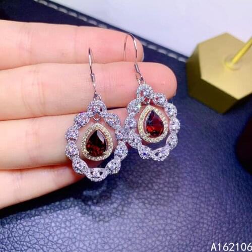 Fine Jewelry 925 Pure Silver Chinese Style Natural Garnet Girl Luxury Trendy Water Drop Gem Earrings Eardrop Support Detection