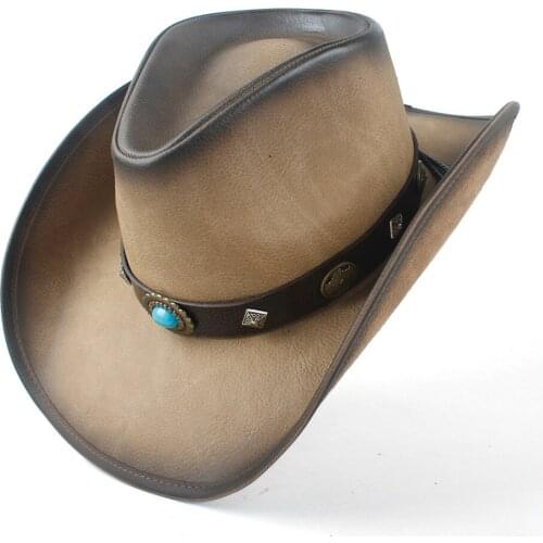 Leather Women And Men Cowboy Hat For Gentleman Western Dad Jazz Hat With Punk Belt Cowgirl Sombrero Fedora Cap