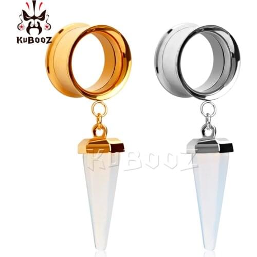 KUBOOZ Fashionable Stainless Steel Opal Stone Pendant Ear Plugs Gauges Body Jewelry Piercing Ear Tunnels Stretchers 6-16mm