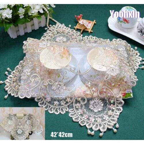 HOT Gold lace embroidery table place mat cloth coffee pad cup Wedding tea coaster placemat drink pan doily dining mug kitchen