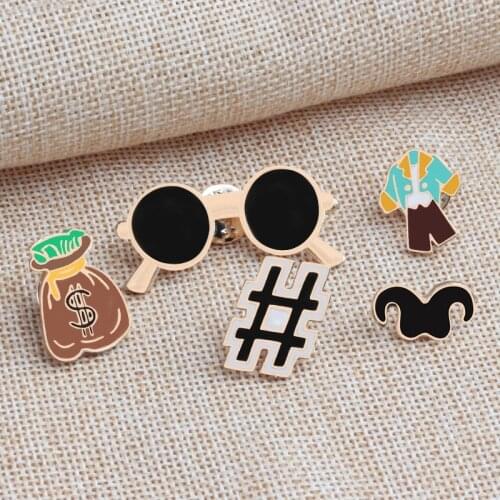 Retro Brooches Glasses Money Bag Enamel Pin Moustache Men Brooch Coat Lapel Pin Women Kids Bags Badge Accessories Jewelry Gift