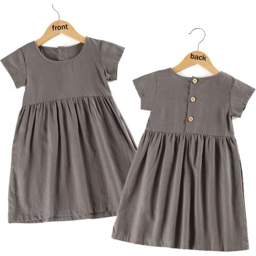 Solid Grey Linen Cotton Back Button Soft Design Kids Clothing Girls Summer Dress
