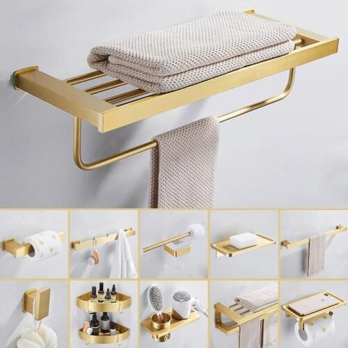 Bathroom Hardware Set Brushed Gold Towel Rack Paper Holder Towel Bar Corner Shelf Toilet Brush Holder Robe Hook Bath Accessories