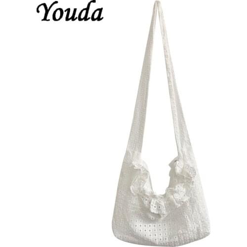 New Womens Cotton White Folds Laced Single Shoulder Bag Ladies Korean Fashion Design Shopper Girls All-match Shopping Bags