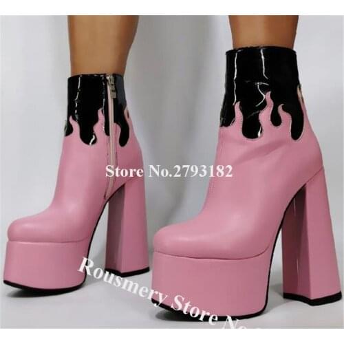 New Design Round Toe Splash Ink Printed High Platform Chunky Heel Short Boots Pink White Thick High Heel Ankle Booties