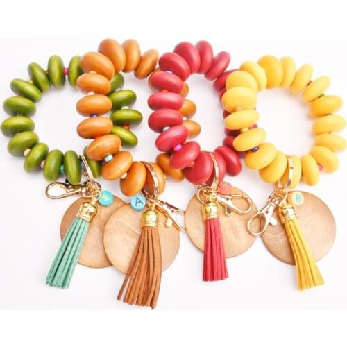 New Fashion Beads Bracelet Keychain for Women Girls Simple Wooden Bead Tassel Key Bag Ring Accessory Geometry Round Pendant Gift