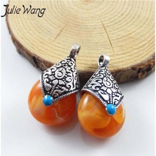 Julie Wang 5pcs Drop-shaped Orange Resin Pendant Charms DIY Earring Dangle Finding Vintage Style Jewelry Making Accessory