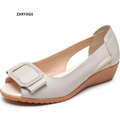 2021 New Fashion Fish Mouth Sandals Bow Genuine Leather Soft Sole Comfortable Casual Non-slip Flat Sandals Women Sandal Shoes