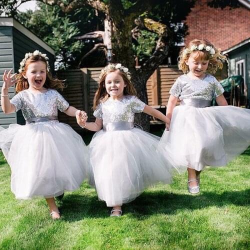 A-Line Short Sleeves Silver Flower Girl Dress with Sequins Tea Length Little Girl Wedding Guest Party Birthday Gowns