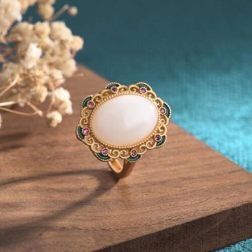 Vintage Jade Rings for Women Oval Chalcedony Opening Resizable Finger Ring Jewerly Luxury Gift