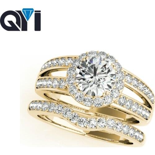 QYI 14K Solid Yellow Gold Halo Ring Sets Round Cut 1ct Sona Simulated Diamond Jewelry Split Band Engagement Women Wedding Ring