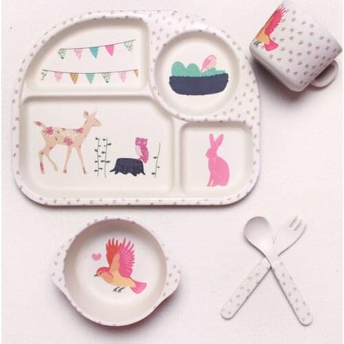 5Pcs/Set Baby Bamboo Fiber Bowls Cute Cartoon Eco-friendly Childrens Dinnerware Natural Tableware Set Separation Feeding Plate