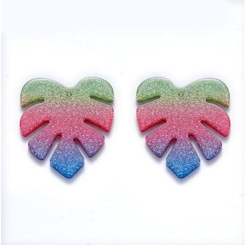 5pcs Resin Pendants Rainbow Gradient Monstera Leaf Charms with Glitter Powder for DIY Earrings Necklaces Jewelry Making Supplies