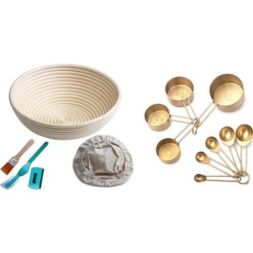 Banneton Bread Proofing Basket By Caesar Bread, 10 Inch Round Sourdough Set With 9Pc/Set Stainless Steel Scoop