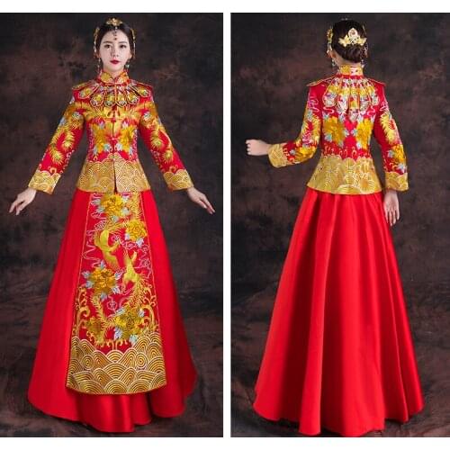 Bride Embroidery Cheongsam Vintage Chinese Style Wedding Dress Retro Toast Clothing Lady Phoenix Gown Marriage Qipao red Clothes