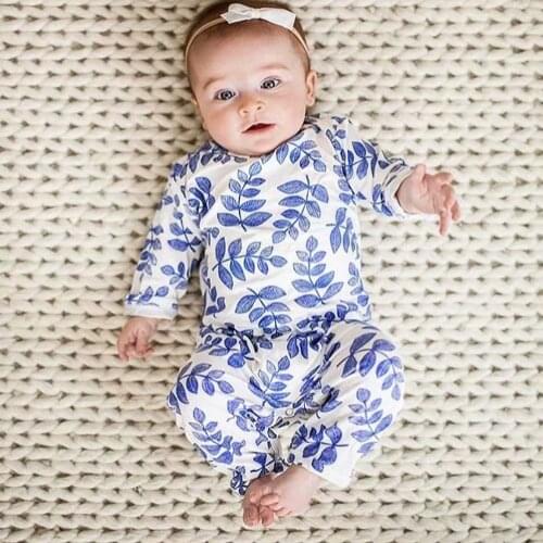 Newborn Baby Boys Girls Romper Infant Clothing Cute Blue leaves Print Long Sleeve Jumpsuit clothes Toddler Clothes Outfits
