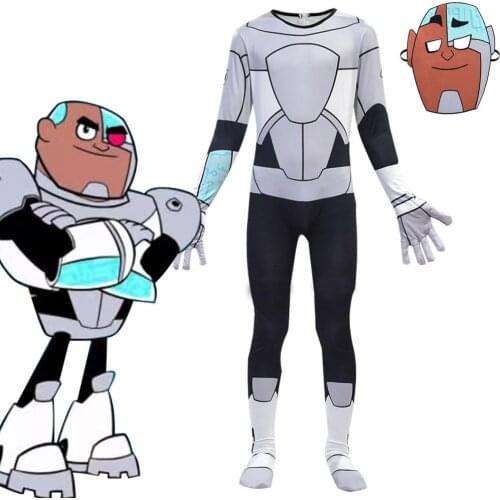 Anime Teen Titans Go Cyborg Cosplay Costume Bodysuit 3D Child Jumpsuit Halloween Party Costumefor Boys Girls