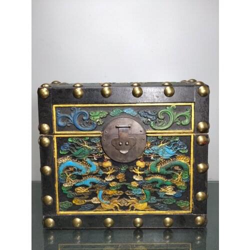 Chinese temple collection Old Lacquered wood Dart box Sculpture Two dragon play beads jewelry Box Ornaments Town House Exorcism