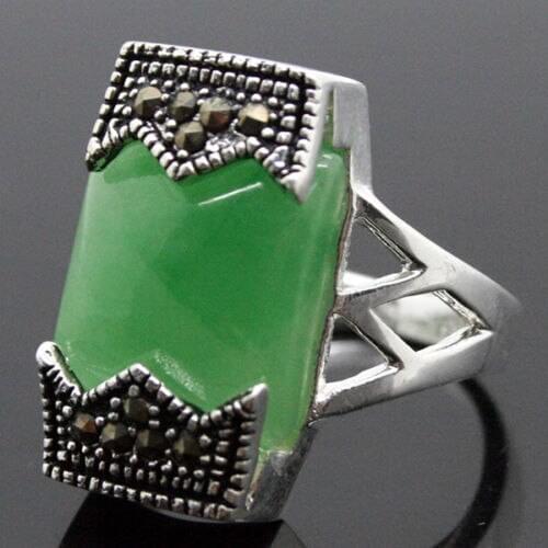 12*20mm Rare Marcasite Natural Green Natural jade 925 Sterling Silver Ring Size 7/8/9/10