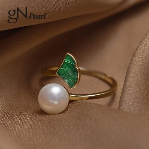GN Pearl Real 925 Sterling Silver Gold Plate White Freshwater Pearl Ring Green Leaf Design Adjustble Size gNPearl Fine Jewelry
