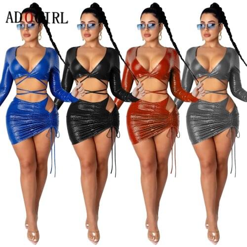 Adogirl Two Piece Set Women Sexy Long Sleeve V Neck Crop Top And Mini Skirt 2 Piece Outfits Sexy Night Club Sets Plus Size
