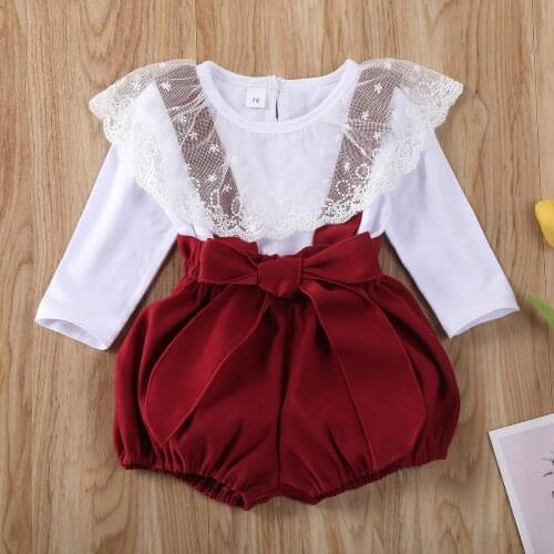 Newborn Baby Suit Girl Clothes Lace Ruffle Long Sleeve+suspenders bebe Tops Strap Shorts Overalls 2Pcs Outfits Cotton Clothing