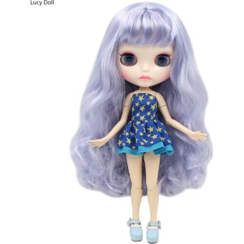 ICY Factory Blythee Doll BL6005/1049 Blue Mix Violet Hair, New Shiny Face Carven Lips, White Skin Joint Body 30cm 1/6